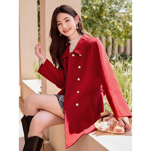 【年终特卖】熙世界【100%羊毛大衣】气质宽松外套秋冬喜庆红双面毛呢子大衣女 商品图4