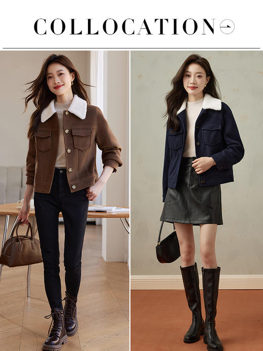 【年货节】熙世界羊羔毛翻领毛呢外套女短款小个子加厚夹棉上衣2025冬季新款 商品图3