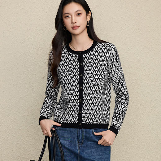 「高货rp」全新升级【铂金会员284/天猫379/差价95】(21351)洛诗琳老钱风菱格花纹羊毛开衫2025秋冬新款圆领毛衣外套 商品图0