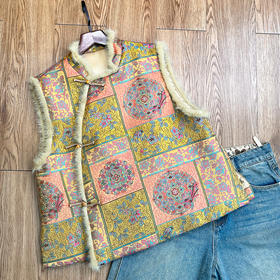 OG 8725新中式时尚斜襟宽松显瘦气质提花棉衣水貂毛加厚保暖马甲