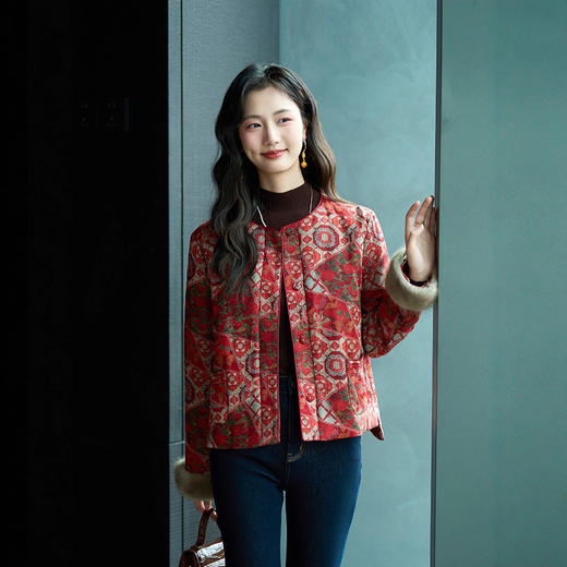 丁摩 真丝香云纱棉衣女冬水貂毛袖口提花短款保暖复古中式外套5ZF-76063 商品图1