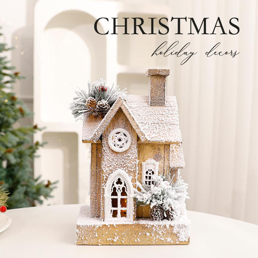 【圣诞发光雪景木屋】木质雪房子小木屋摆件 欧式复古原木小雪屋 商品图3