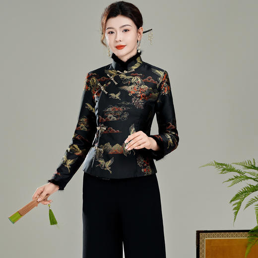 【九鹤】复古开襟毛领盘扣夹棉，新中式唐装上衣保暖外套XGT-T25128 商品图0