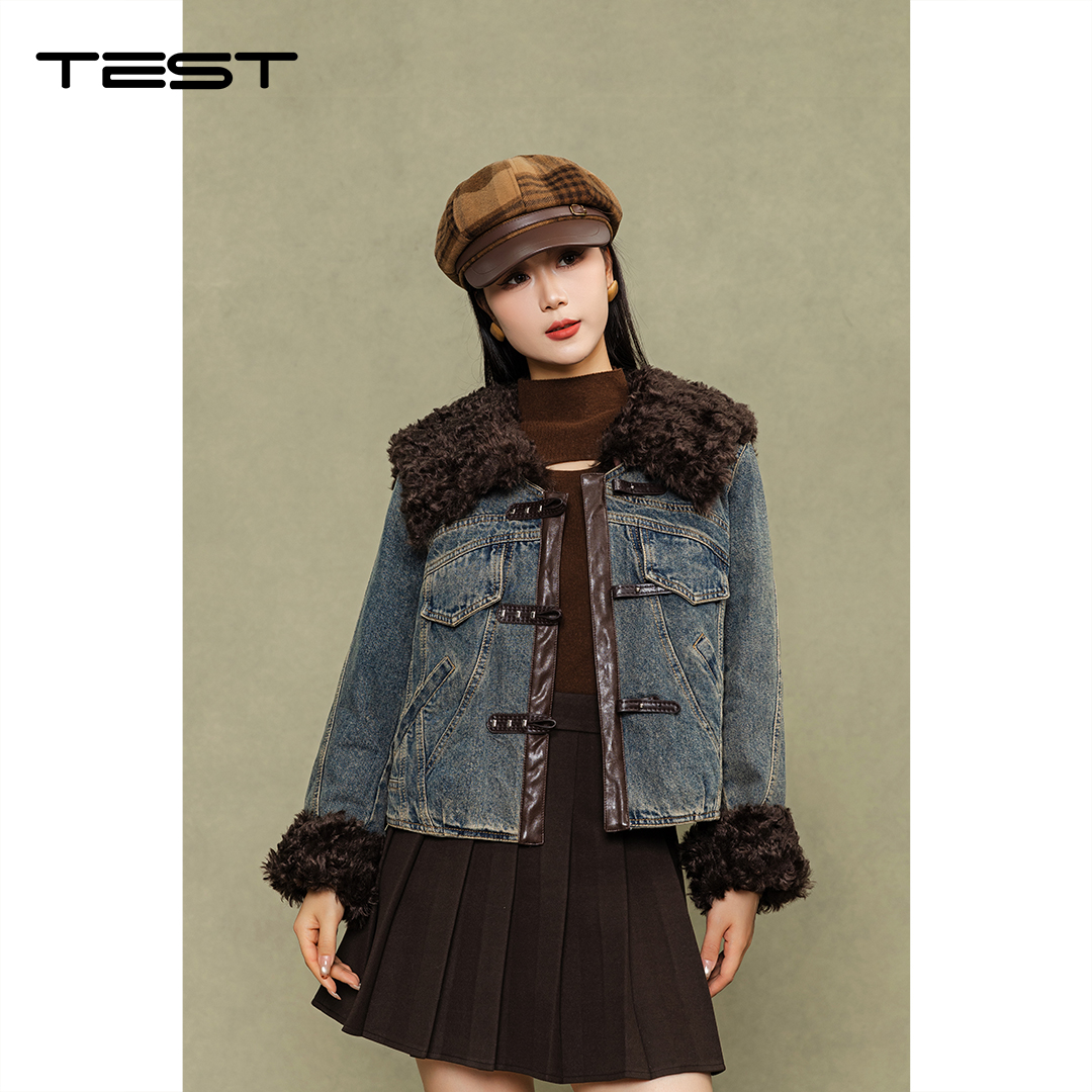 冬上新韩系时髦毛绒拼接牛仔羽绒服2254121