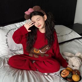 2026超季亲子新年限定·喜庆红小马刺绣圆领家居服套装男孩女孩马年半边绒睡衣两件套