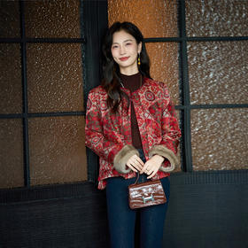 丁摩 真丝香云纱棉衣女冬水貂毛袖口提花短款保暖复古中式外套5ZF-76063