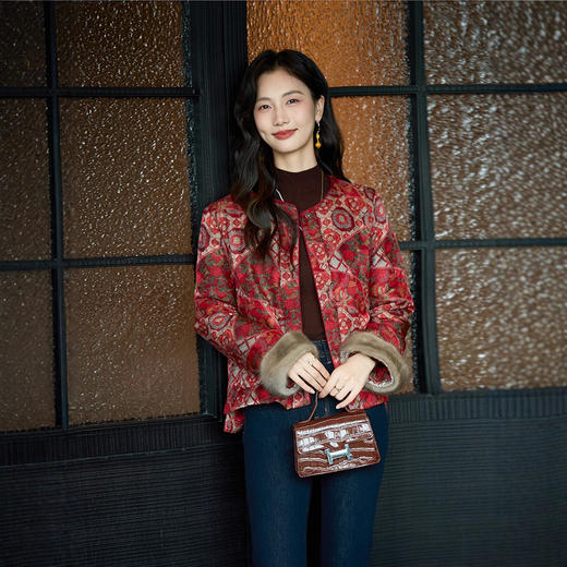 丁摩 真丝香云纱棉衣女冬水貂毛袖口提花短款保暖复古中式外套5ZF-76063 商品图0