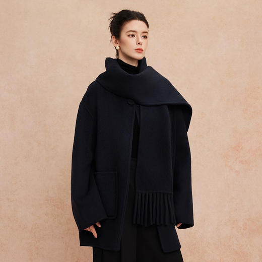 QH957斯尔丽25新款流苏围巾慵懒风廓形显瘦中长手工双面羊毛大衣 商品图2