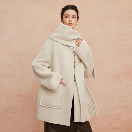 QH957斯尔丽25新款流苏围巾慵懒风廓形显瘦中长手工双面羊毛大衣 商品图5