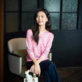 丁摩 马卡龙粉艺术印花针织衫上衣女显瘦蝴蝶结徽章圆领羊毛毛衣5ZF-50004