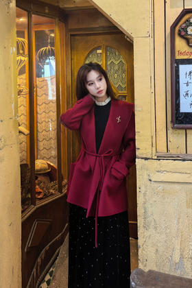 逸红颜明月优选#羊绒羊毛大衣『启运』浴袍领细系带收腰双面呢大衣，新年热烈红浓郁复古