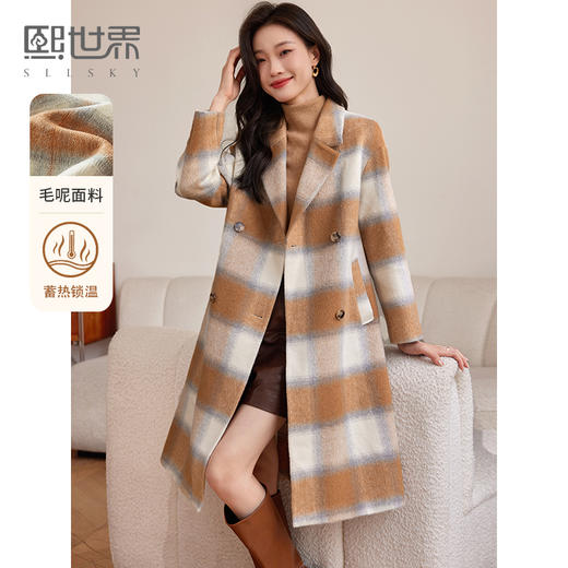 【年货节】熙世界优雅渐变色复古格子毛呢外套中长款冬季西装领大衣外套 商品图0