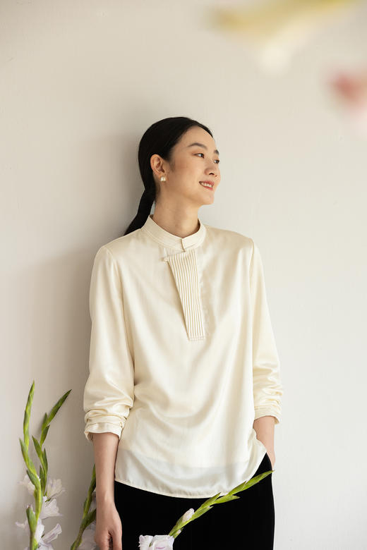 牧衣游原创 22姆米重磅真丝净色衬衫新款打条复古中式上衣 花雨榭 商品图5
