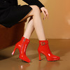 CDCD3F3030B#1179款红色法式小高跟短靴女款配裙子尖头及踝靴秋冬真皮粗跟女靴子婚鞋 商品缩略图2