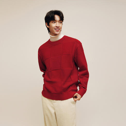 森柔|森马张仁华非遗联名毛衫男春棋盘格纹针织衫小宽松圆领毛衣 商品图2