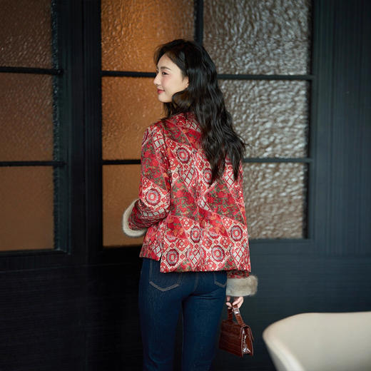 丁摩 真丝香云纱棉衣女冬水貂毛袖口提花短款保暖复古中式外套5ZF-76063 商品图3