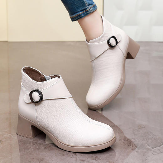 丁摩 秋冬季粗中跟软底头层牛皮加绒保暖短靴女单靴5ZF-7233 商品图3