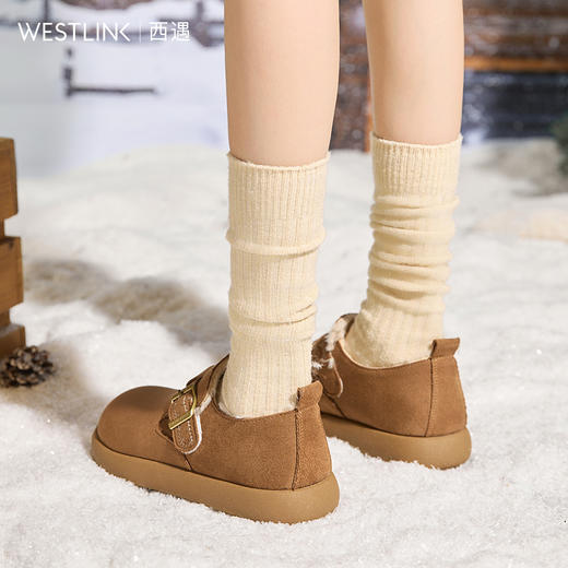 西遇厚底勃肯鞋女新款冬季百搭加绒复古毛毛鞋外穿保暖雪地鞋V2457327 商品图3