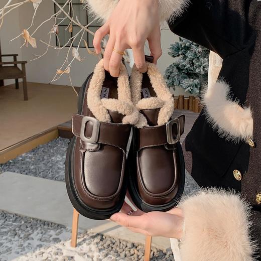 【厚底乐福鞋】女美拉德棕色加绒小皮鞋英伦风复古棉鞋 商品图0