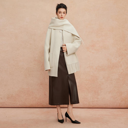 QH957斯尔丽25新款流苏围巾慵懒风廓形显瘦中长手工双面羊毛大衣 商品图8