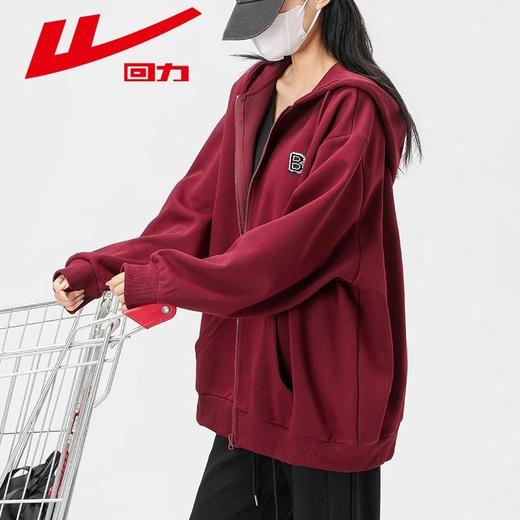 回力酒红色卫衣外套女2025冬季爆款加绒宽松圣诞新年连帽开衫上衣 商品图4