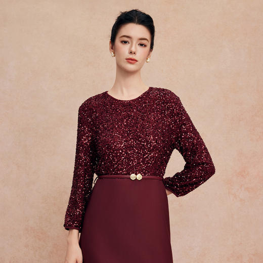 QG807斯尔丽25新款宴会喜妈妈亮片拼素色奢华简约腰线上抬显高连衣裙 商品图3