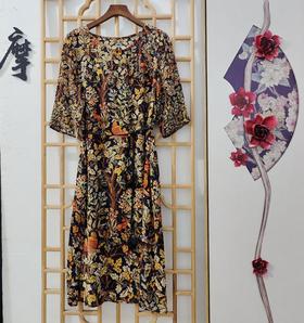 「断码清仓」复古碎花真丝连衣裙 L码 ZFYY119