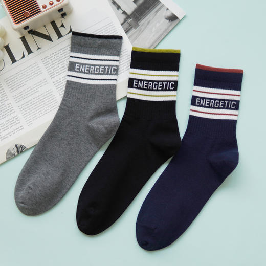 【2双装】男士时尚运动袜中长筒四季棉袜条纹字母男袜【6双6折  2521103】 商品图0