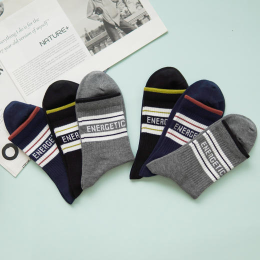 【2双装】男士时尚运动袜中长筒四季棉袜条纹字母男袜【6双6折  2521103】 商品图2