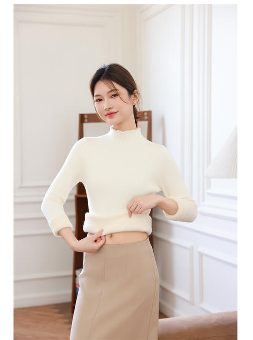 【西蒙日记&半高领木耳花边一体绒针织打底衫JYF6005】✔️弹力修身不紧身，贴身穿很舒服✔️版型很正，🔥木耳花边领+修身设计，小性感拿捏住 商品图2