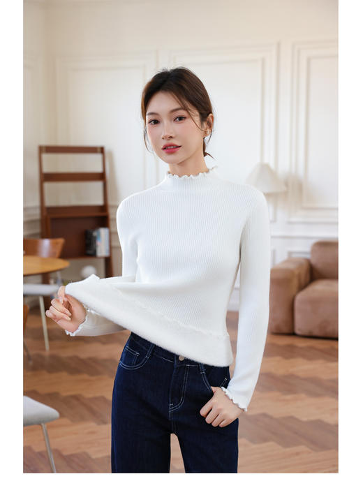 【西蒙日记&半高领木耳花边一体绒针织打底衫JYF6005】✔️弹力修身不紧身，贴身穿很舒服✔️版型很正，🔥木耳花边领+修身设计，小性感拿捏住 商品图3