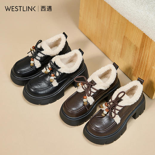 西遇厚底加绒乐福鞋女新款冬季外穿复古保暖棉鞋子系带小皮鞋V2457353 商品图3