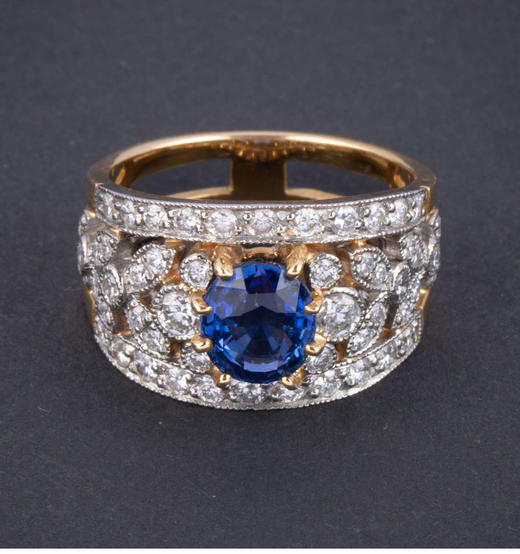 独角鹿西洋古董20世纪晚期法国出品18K黄金镶嵌钻石及蓝宝石戒指 商品图1