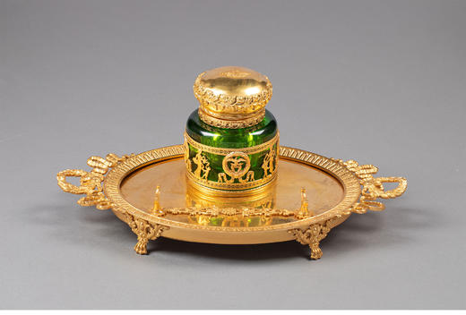 【已售】独角鹿西洋古董19世纪末法国出品帝政风格铜鎏金精雕镶嵌绿水晶墨水台 商品图0