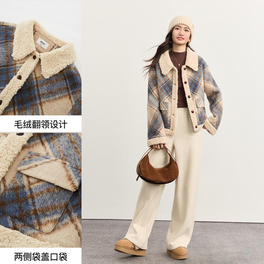 【11/26新品】熙世界小香风仿羊羔毛绒翻领格纹短外套女装冬季复古夹棉毛呢大衣 商品图1