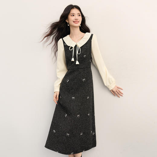【11/26新品】熙世界千金小香风刺绣蝴蝶结连衣裙女2025秋冬新款收腰假两件裙子 商品图4