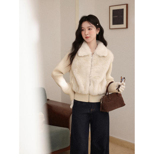 鹿向南「甘泉润沙」杏色拼接设计感短外套女秋冬新款翻领保暖上衣 商品图3