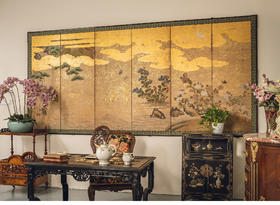 【已售】独角鹿西洋古董19世纪末日本明治时期出品「月下秋容」主题纸本金地六曲屏风