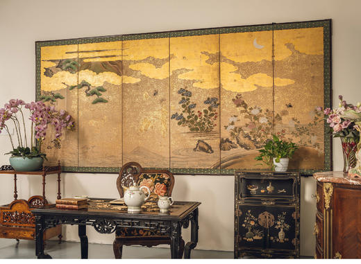 【已售】独角鹿西洋古董19世纪末日本明治时期出品「月下秋容」主题纸本金地六曲屏风 商品图0