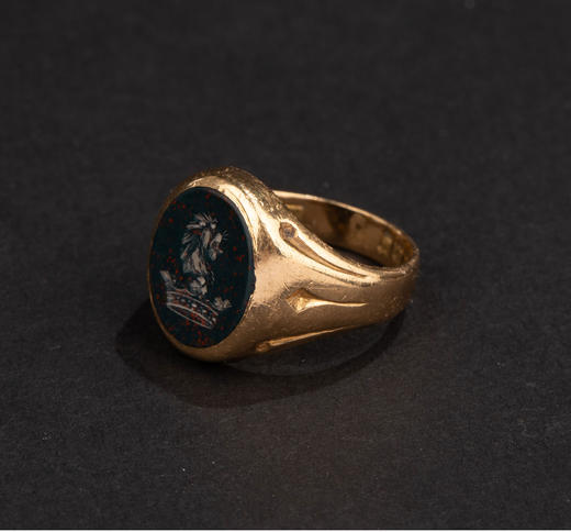 独角鹿西洋古董1870-1880年英国出品18K黄金镶嵌血滴石雄狮主题凹雕印章戒指 商品图3
