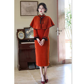 GX红色旗袍女新中式2025新款订婚敬酒服冬季长袖日常两件套旗袍披肩