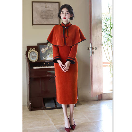 GX红色旗袍女新中式2025新款订婚敬酒服冬季长袖日常两件套旗袍披肩 商品图0
