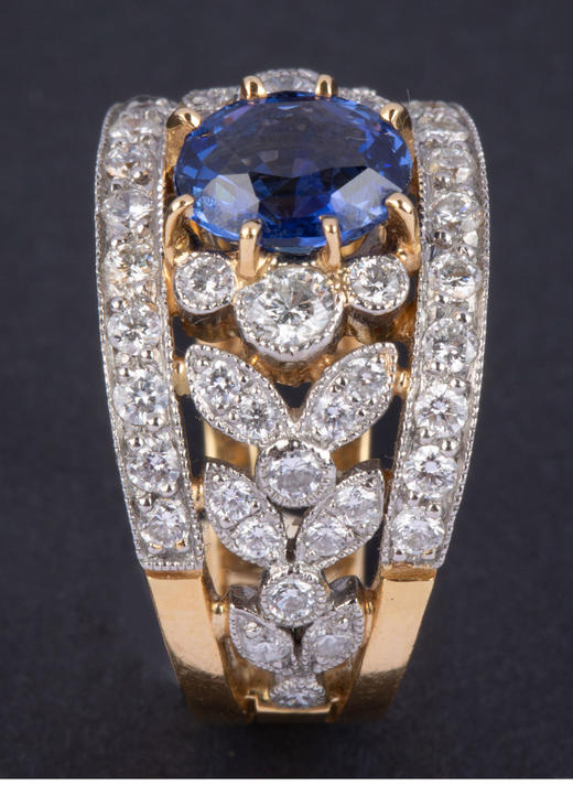 独角鹿西洋古董20世纪晚期法国出品18K黄金镶嵌钻石及蓝宝石戒指 商品图4