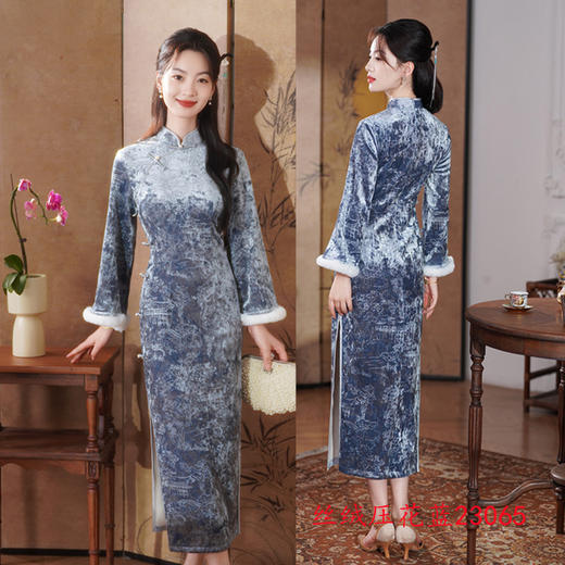 GX丝绒压花长款长袖旗袍2025秋冬新款复古中国风年轻女士修身旗袍裙 商品图3