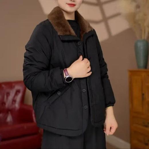 秋冬新款加绒翻领棉服妈妈纯色简约短款外套女装 商品图1