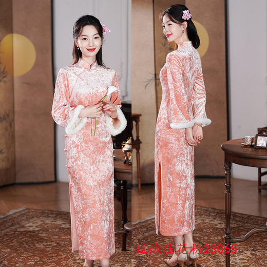 GX丝绒压花长款长袖旗袍2025秋冬新款复古中国风年轻女士修身旗袍裙 商品图2