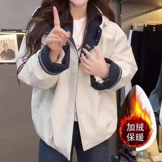 2025冬季新款撞色连帽加绒加厚棉服外套女短款宽松时尚休闲派克服 商品图6