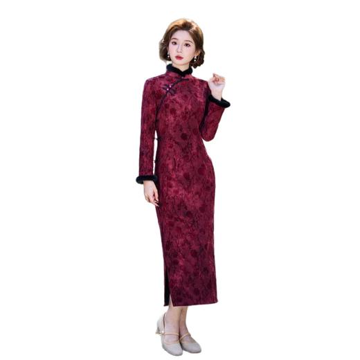 GX喜妈妈婚宴长款植绒复合长袖旗袍2025秋冬款复古中国风旗袍 商品图4