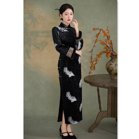 GX金钻绒长款加绒倒大袖旗袍2025冬季新款复古中国风旗袍