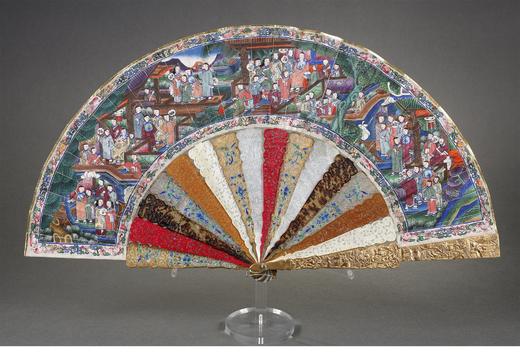 【已售】独角鹿西洋古董清代晚期十三行出品珍贵材质混合扇骨双面绘贴面人物纹折扇 商品图0